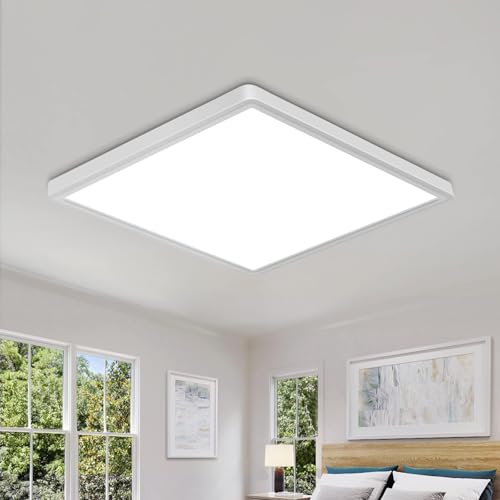 DELIPOP Flush Mount Ceiling Light 12 Inch 24W Ultra Thin Square LED Ceiling Light 6500K Cool White Low Profile Light Fixture for Living Room Bedroom Bathroom Kitchen Dining Room Corridor White - Image 1