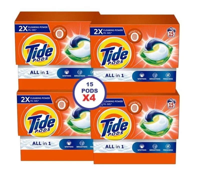 Tide Original All in One Laundry Detergent Pods Pack of 4 (60 Count, 1.146kg) – Powerful Stain Removal Capsules, Whitens & Brightens Clothes – Fresh Scent Washing Pods - Image 1