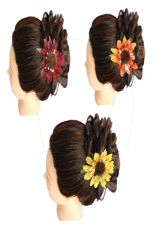 Arooman™ Set Of 3 Pcs Flower Style Hair Juda Pins For Hair Styling And Bun Decoration Accessories Pins Gajra for Women and Girls Color-Orange,Orange and Yellow - Image 3