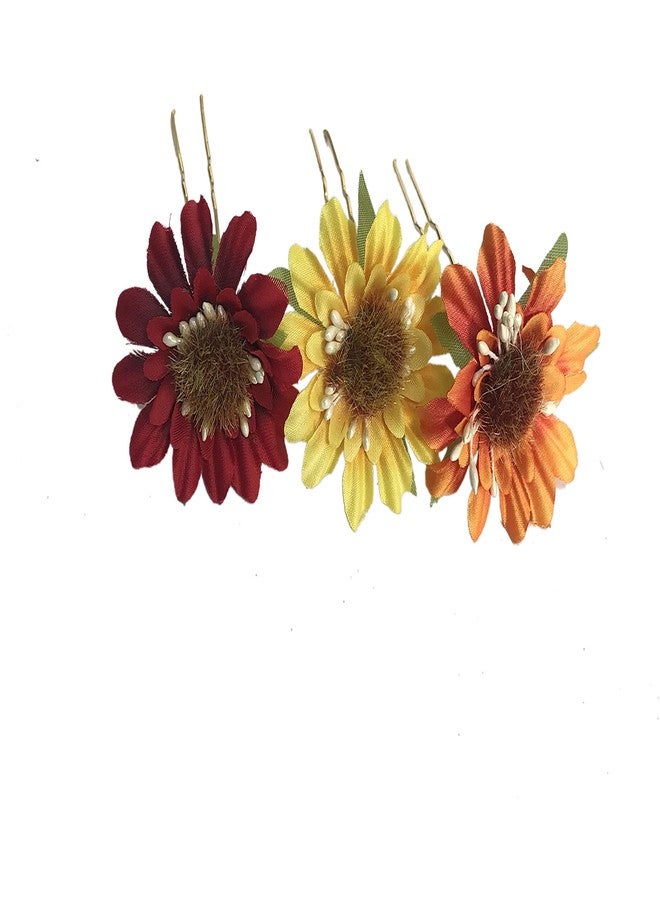 Arooman™ Set Of 3 Pcs Flower Style Hair Juda Pins For Hair Styling And Bun Decoration Accessories Pins Gajra for Women and Girls Color-Orange,Orange and Yellow - Image 1