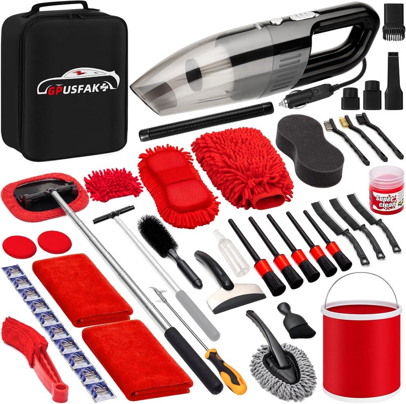 GPUSFAK 47Pcs Car Wash Cleaning Kit with High Power Handheld Vacuum Windshield Cleaning Tool with Side Mirror Squeegee Bucket Detailing Brushes Tire Brush Towels Complete Detailing Set for Car - Image 1