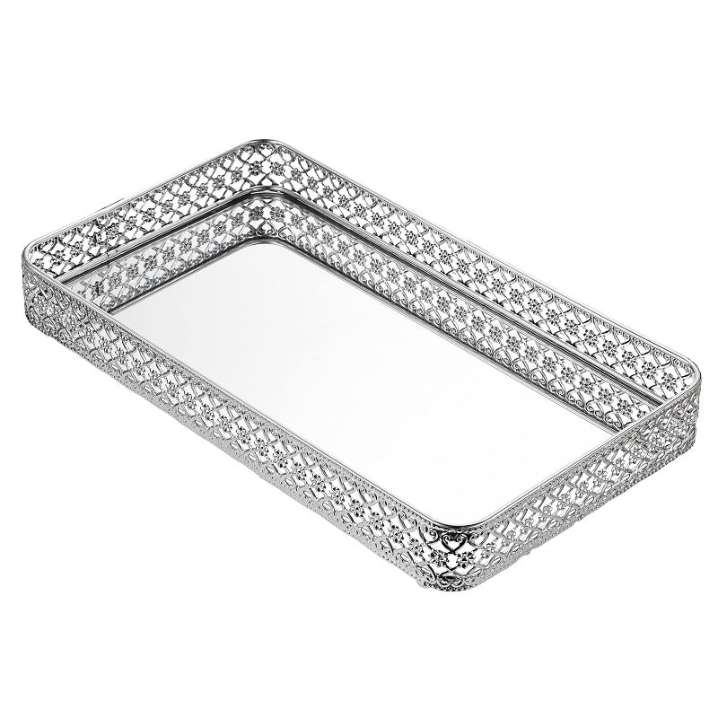 BSTKEY 35x20cm Vanity Mirror Tray Jewelry Trinket Tray Decorative Tray for Cosmetic Makeup Dresser Bathroom Bedroom Countertop Organizer Silver