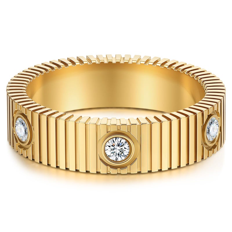 PDWZNBA Linear Stripe Textured Ring | 14K Gold-Plated Stainless Steel Promise & Friendship Ring, Wedding Band, Birthday Gifts for Women - Image 1