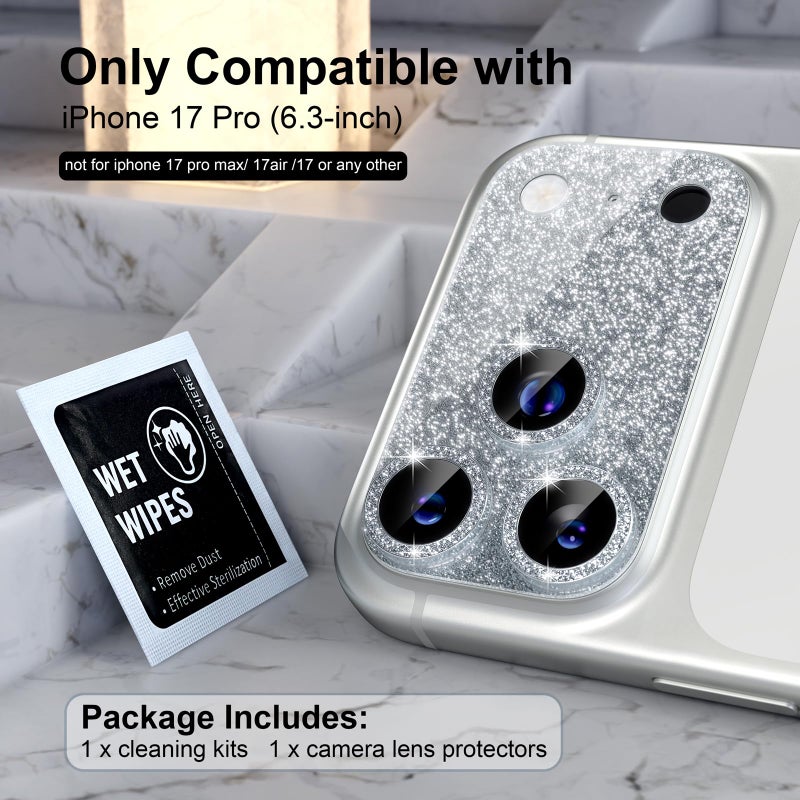 Choiche Compatible for iPhone 17 Pro Camera Lens Protector, Bling Camera Cover with 9H Tempered Glass Lens Screen Protector Metal Ring Decoration Accessories 6.3-inch (Glitter-Silver) - Image 2
