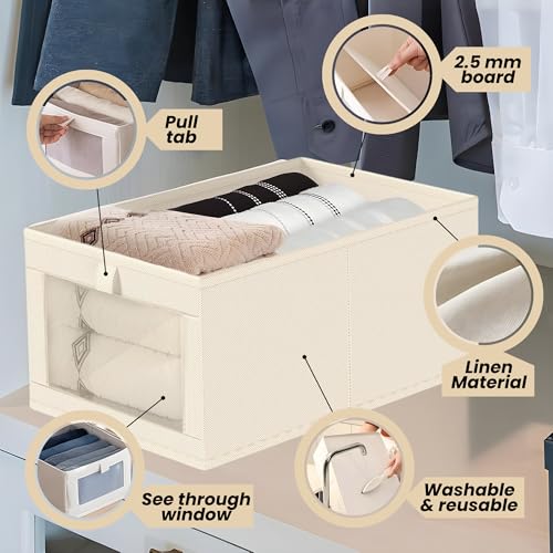 OCEANEVO Set of 4 Linen Wardrobe Organizer for Storage WITH Luggage Tag, Foldable Cupboard Organizer for Clothes, Closet Organiser Basket with Clear Window - 40 x 27 x 17 Cm - Beige - Image 3