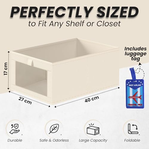 OCEANEVO Set of 4 Linen Wardrobe Organizer for Storage WITH Luggage Tag, Foldable Cupboard Organizer for Clothes, Closet Organiser Basket with Clear Window - 40 x 27 x 17 Cm - Beige - Image 2