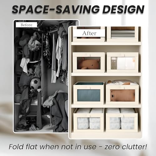 OCEANEVO Set of 4 Linen Wardrobe Organizer for Storage WITH Luggage Tag, Foldable Cupboard Organizer for Clothes, Closet Organiser Basket with Clear Window - 40 x 27 x 17 Cm - Beige - Image 4
