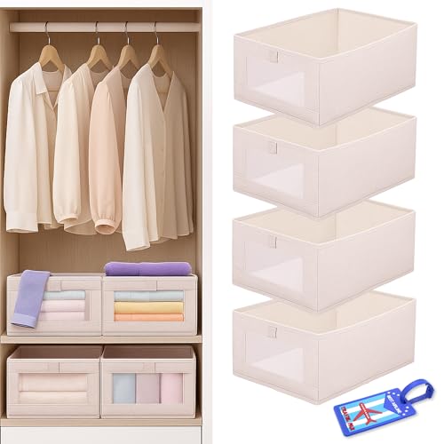 OCEANEVO Set of 4 Linen Wardrobe Organizer for Storage WITH Luggage Tag, Foldable Cupboard Organizer for Clothes, Closet Organiser Basket with Clear Window - 40 x 27 x 17 Cm - Beige - Image 1