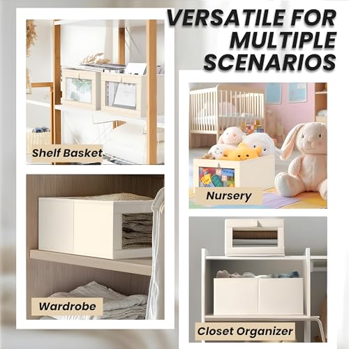 OCEANEVO Set of 4 Linen Wardrobe Organizer for Storage WITH Luggage Tag, Foldable Cupboard Organizer for Clothes, Closet Organiser Basket with Clear Window - 40 x 27 x 17 Cm - Beige - Image 5