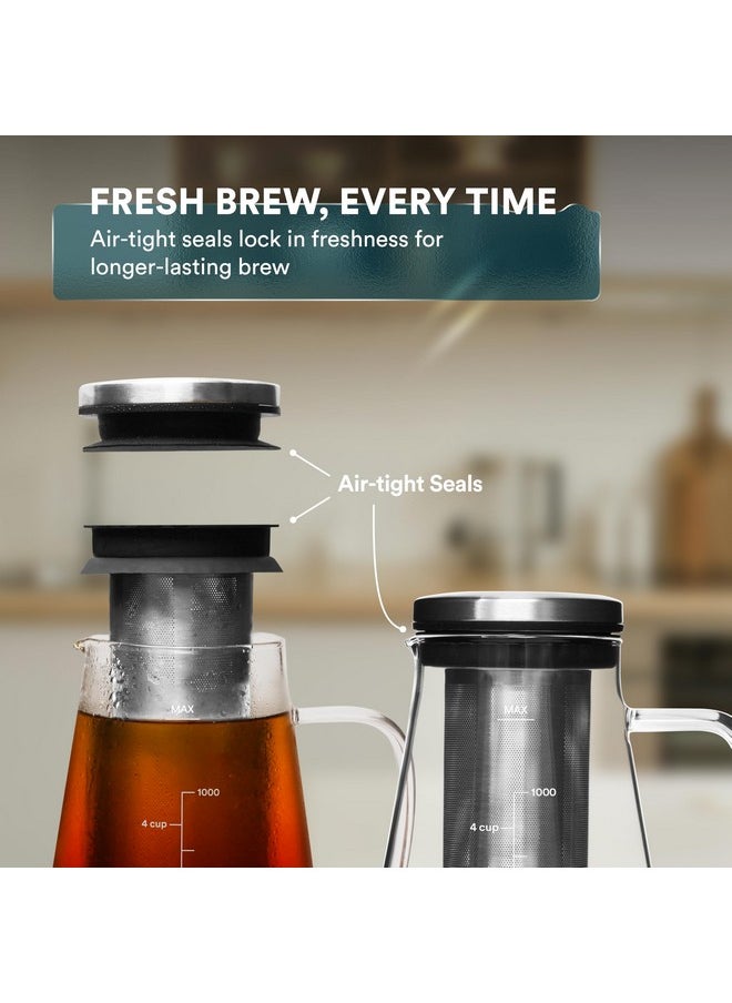 OVALWARE Airtight Cold Brew Iced Coffee Maker Pitcher and Tea Infuser with Spout - 1.0L / 34oz Ovalware RJ3 Brewing Glass Carafe with Removable Stainless Steel Filter