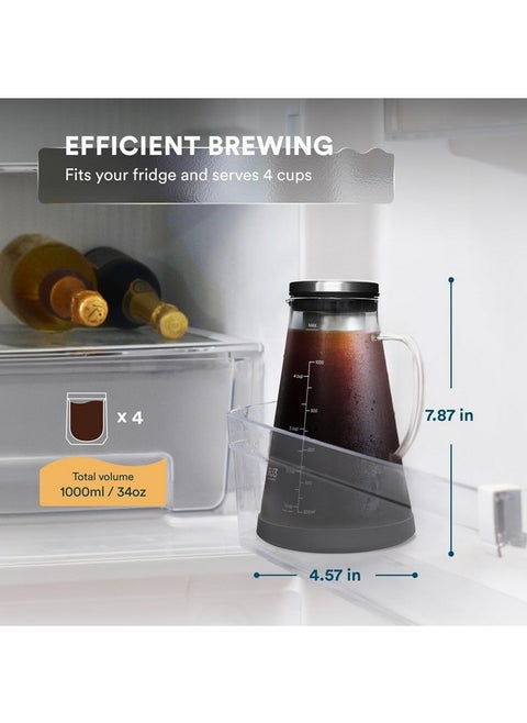 OVALWARE Airtight Cold Brew Iced Coffee Maker Pitcher and Tea Infuser with Spout - 1.0L / 34oz Ovalware RJ3 Brewing Glass Carafe with Removable Stainless Steel Filter