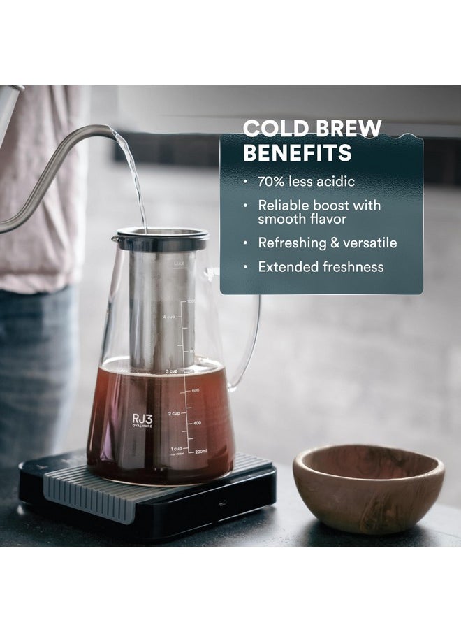 OVALWARE Airtight Cold Brew Iced Coffee Maker Pitcher and Tea Infuser with Spout - 1.0L / 34oz Ovalware RJ3 Brewing Glass Carafe with Removable Stainless Steel Filter