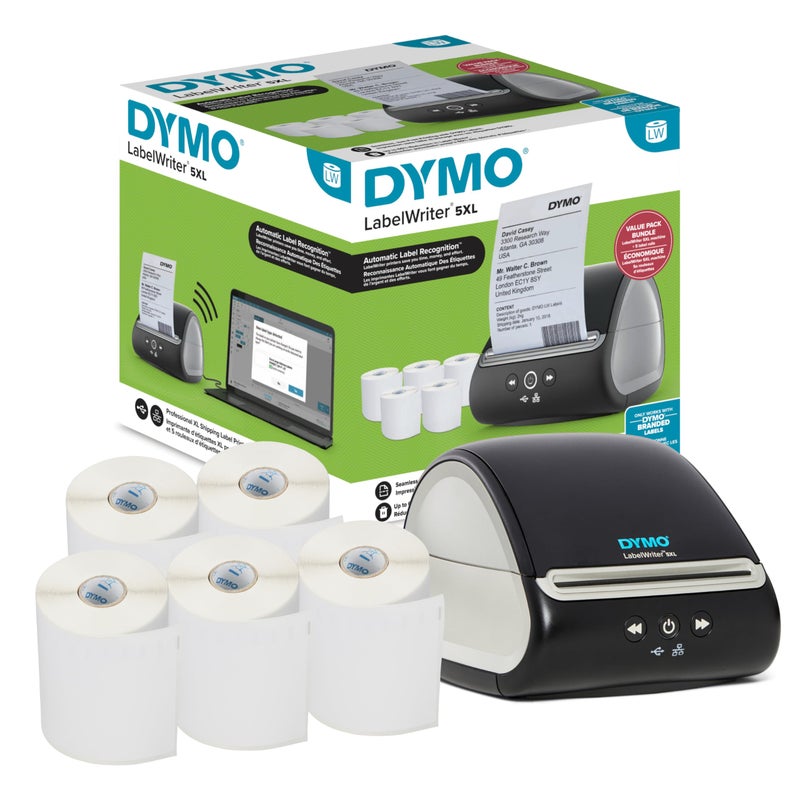 طابعة ملصقات DYMO LabelWriter 5XL حزمة طباعة ملصقات شحن عريضة إضافية UPS USPS من أمازون eBay والمزيد مثالية للبائعين عبر الإنترنت تتضمن 5 ملصقات شحن كبيرة جدًا 1100 إجمالي