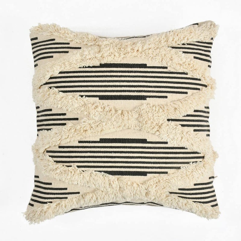 pepme pepme Cotton Tufted Black White Lines Cushion Cover 16x16 Inches Pack of 1  - Image 2