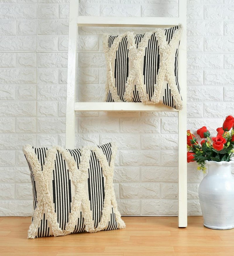 pepme pepme Cotton Tufted Black White Lines Cushion Cover 16x16 Inches Pack of 1  - Image 1