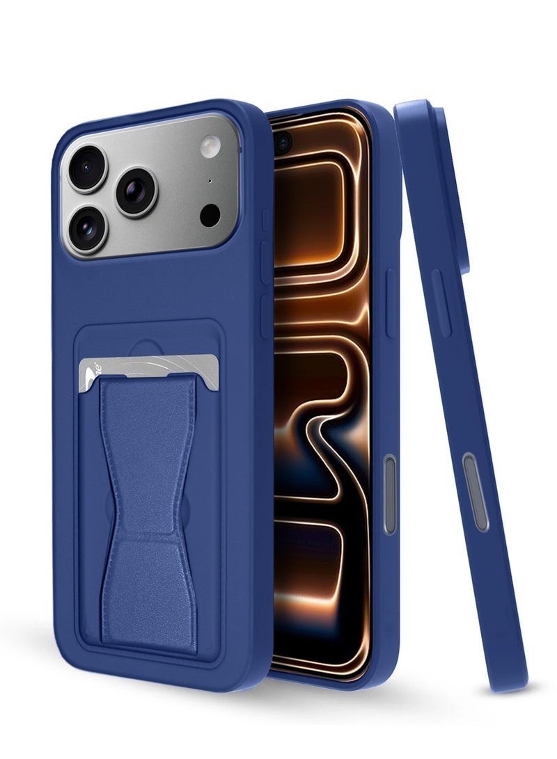 ELTRAZONE iPhone 17 Pro 5G 2025 Silicone TPU Case with Card Holder & Hand Grip | Slim Shockproof Wallet Cover with Kickstand Function & Secure Grip Strap (MCHPSN) - Navy Blue - Image 1