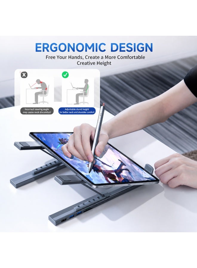 حامل لابتوب USB C مع محطة توصيل 8 في 1 ومنفذ HDMI بدقة 4K وشحن PD 100W ومنافذ USB 3.0 وقارئ بطاقات SD وTF بتصميم ألمنيوم قابل للطي - Image 4