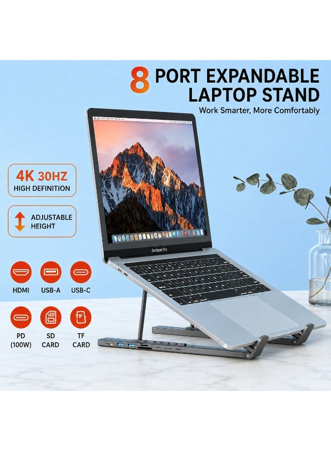 حامل لابتوب USB C مع محطة توصيل 8 في 1 ومنفذ HDMI بدقة 4K وشحن PD 100W ومنافذ USB 3.0 وقارئ بطاقات SD وTF بتصميم ألمنيوم قابل للطي - Image 3