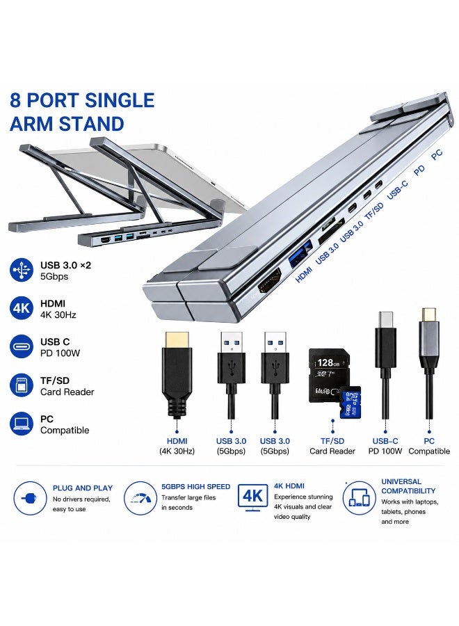 حامل لابتوب USB C مع محطة توصيل 8 في 1 ومنفذ HDMI بدقة 4K وشحن PD 100W ومنافذ USB 3.0 وقارئ بطاقات SD وTF بتصميم ألمنيوم قابل للطي - Image 2