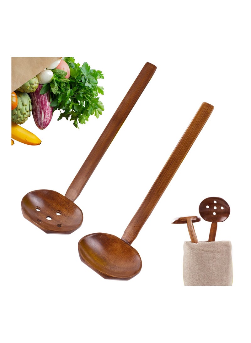 Wooden Spoon Set, 2Pcs Long Handle Soup Spoon Ramen Spoon, Slotted Spoons for Cooking, Natural Teak Kitchen Utensil - Image 1