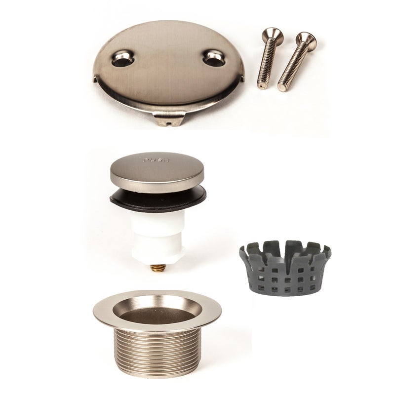 PF WaterWorks PF0971BN Toe Touch Tip Toe or Foot Act Bath Tub Drain Assly Coarse Drain 115 TPI Stopper Two 2 Hole Face Plate FREE Hair CatcherStrainer Eliminate Clogs Brushed Nickel