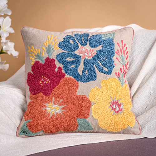 Haus & Kinder Embroidered Cushion Cover 16x16 Inch Set of 1 Premium Cotton Decorative Throw Pillow Cover for Sofa Couch Bed Soft Breathable Square Cushion Case Living Room Home Decor 40x40 cm Cushions - Image 1