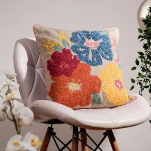 Haus & Kinder Embroidered Cushion Cover 16x16 Inch Set of 1 Premium Cotton Decorative Throw Pillow Cover for Sofa Couch Bed Soft Breathable Square Cushion Case Living Room Home Decor 40x40 cm Cushions - Image 2