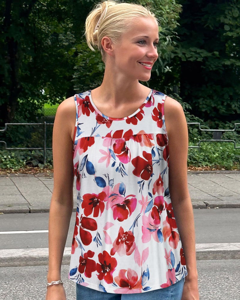 CHICGAL Womens Tank Tops Summer Sleeveless Blouse Crewneck Casual Loose Fit Tunic Shirt(Pink Red Flower, XL) - Image 2
