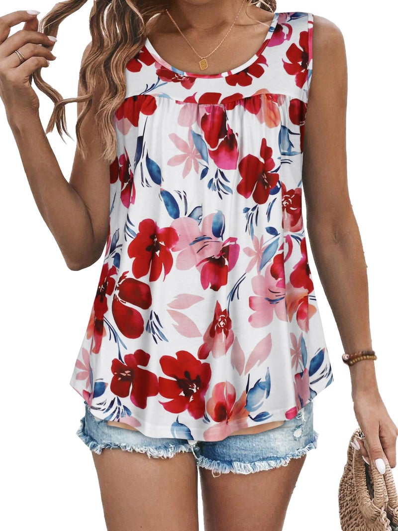 CHICGAL Womens Tank Tops Summer Sleeveless Blouse Crewneck Casual Loose Fit Tunic Shirt(Pink Red Flower, XL) - Image 1
