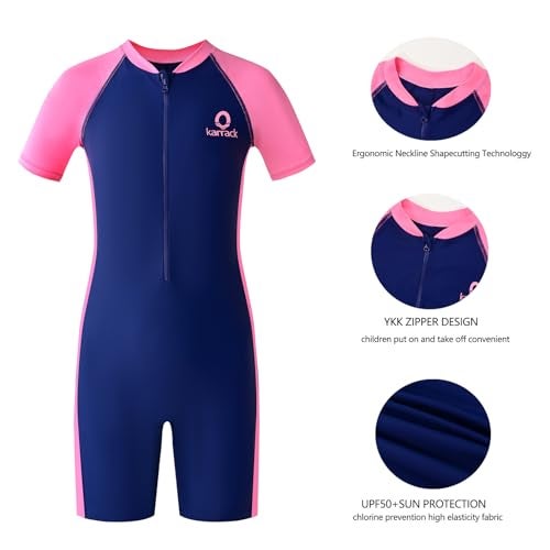 karrack Girls and Boys One Piece Rash Guard Swimsuit Kid Water Sport Short Swimsuits UPF 50+ Sun Protection Bathing Suits Blue-Pink - Image 5