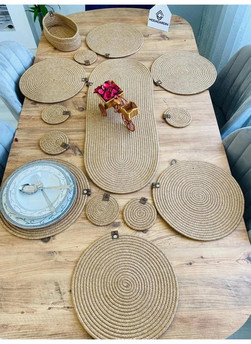 BDZ Deri BDZ Leather Wicker Jute Presentation Plate Mat American Service Runner Basket and Cup Holder 14 Pieces