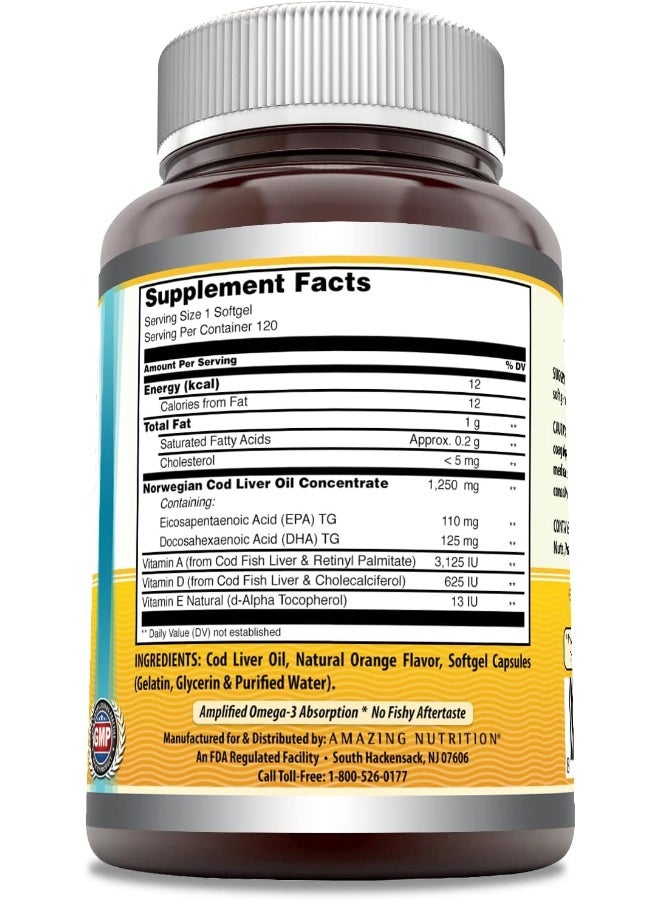 Amazing Nutrition Omega Norwegian Cod Liver Oil Softgels (1250mg, 120 Pieces) - Image 3