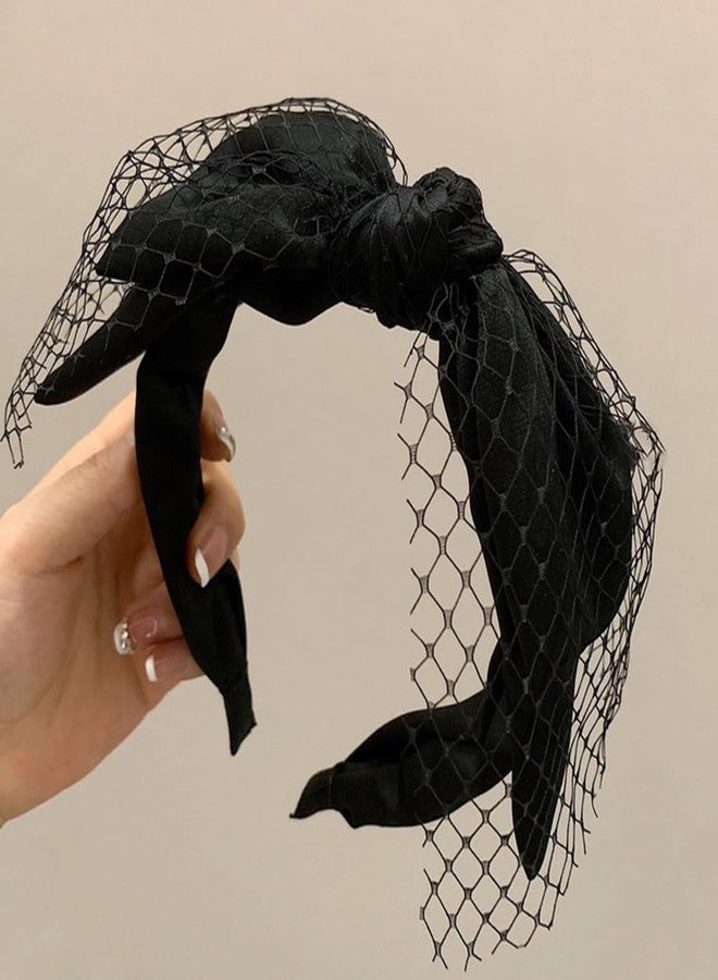 Jumwrit Black Knotted Bow Headband Non-Slip Wide Mesh Headband Solid Color Elastic Big Bowknot Fashion Hair Accessories for Women Girls - Image 2