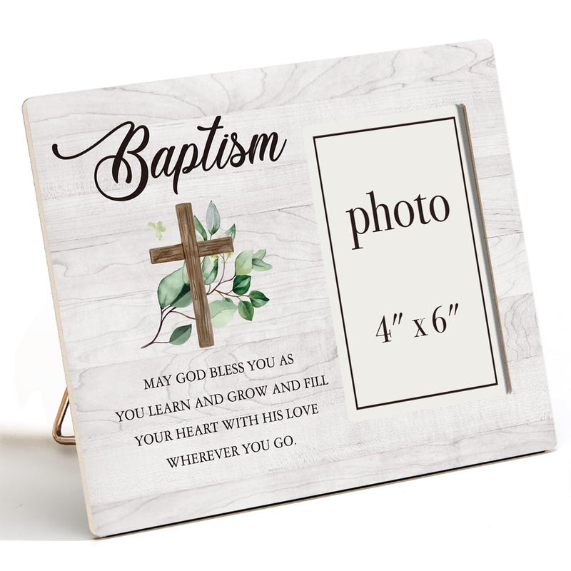 CIANMGD Baptism Picture Frame, Baptism Gifts for Boys, Christening Gifts for Girls, Catholic Baby Gift Wood Photo Frame, 4 x 6 Inch Photo - Image 1