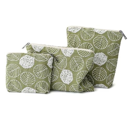 BBORGDC Small Cosmetic Bag Set of 3 for Purse, Green Floral Cotton Makeup Pouch Set, 3 Sizes Zipper Organizer for Travel & Toiletries, Gift for Her Birthday, Bridesmaid & Best Friend - Image 1