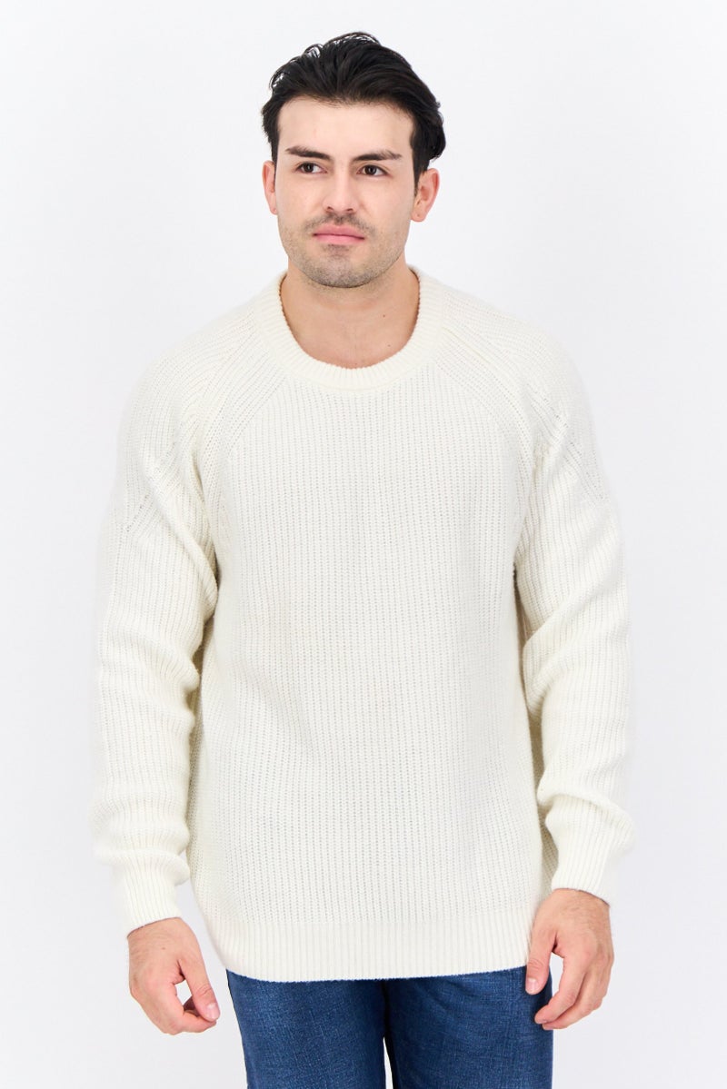 Jules Men Crew Neck Crochet Sweater, White - Image 1