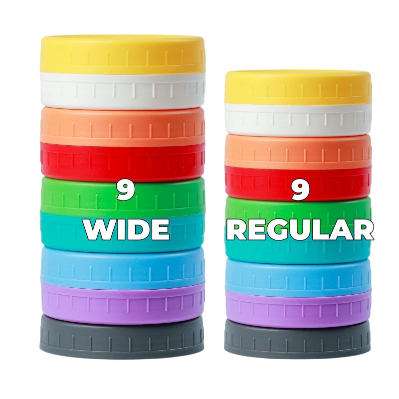 Bedgeta 18 Pack 9 Wide Mouth & 9 Regular Mouth Mason Jar Lids with Silicone Rings,Thickened Leak-proof Lids Fit Ball,Kerr and More, 18 Color Plastic Lids, 86mm &70mm Plastic Mason Jar Lids - Image 1