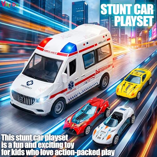 Vikrida Big Ambulance Track Vehicle Toy with Foldable Ejection Race Track & 3 Pcs Die cast Cars for Kids - Multicolor - Image 3