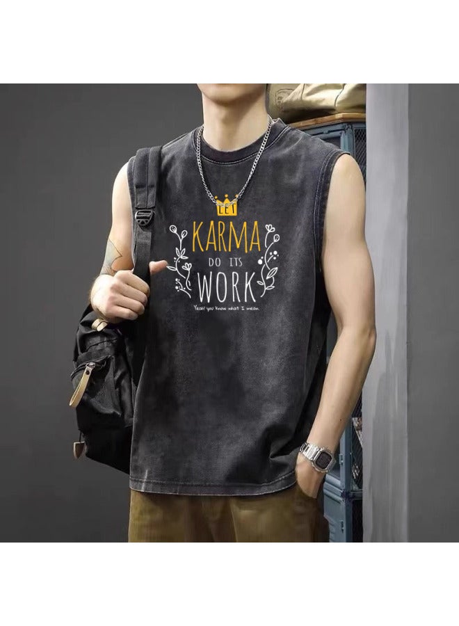 American High Street Retro Washed Distressed Sport Tank Top Trendy Brand Sleeveless T-shirt Loose Casual Fitness Short Sleeve