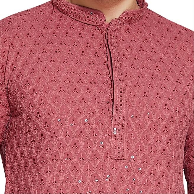 DIVISIVE Men's Sequince Embroidered Cotton Blend Slim Fit Kurta Pyjama Set (DKRT29_XL_Peach) - Image 5