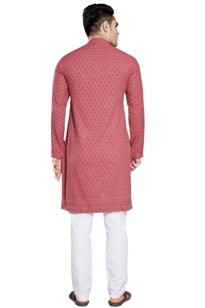 DIVISIVE Men's Sequince Embroidered Cotton Blend Slim Fit Kurta Pyjama Set (DKRT29_XL_Peach) - Image 4