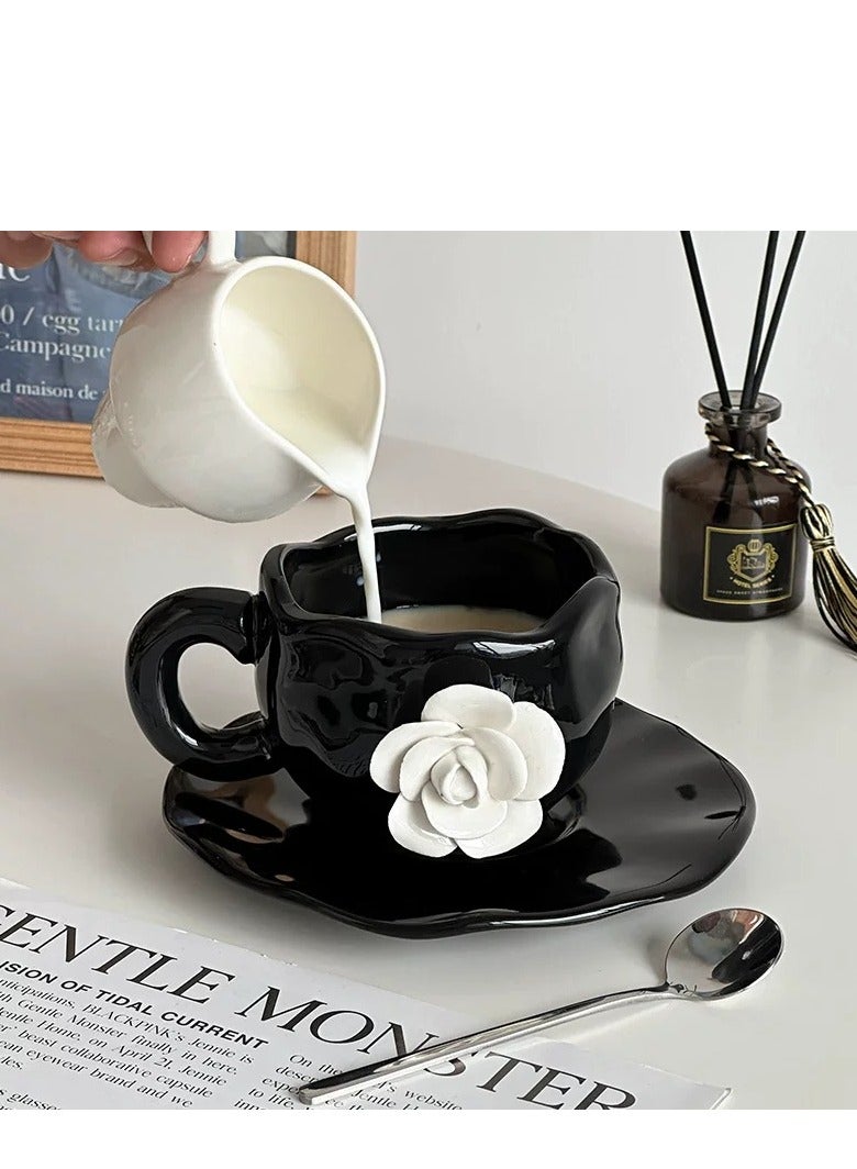 جوسكوين كوب قهوة مصنوع يدويًا بسعة 300 مل بتصميم بتلات الورد الأبيض، فنجان سيراميك لشاي بعد الظهر، كوب بتصميم بارز ثلاثي الأبعاد، مجموعة فنجان شاي مع saucer، ووقاية كاميلية للمكتب والمنزل، فنجان وصحن مبتكر لللاتيه، الشاي، الحليب، والقهوة السوداء. - Image 1