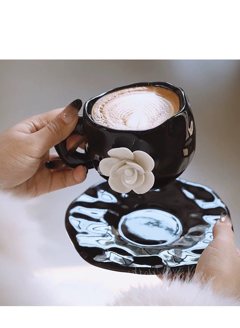 جوسكوين كوب قهوة مصنوع يدويًا بسعة 300 مل بتصميم بتلات الورد الأبيض، فنجان سيراميك لشاي بعد الظهر، كوب بتصميم بارز ثلاثي الأبعاد، مجموعة فنجان شاي مع saucer، ووقاية كاميلية للمكتب والمنزل، فنجان وصحن مبتكر لللاتيه، الشاي، الحليب، والقهوة السوداء. - Image 2