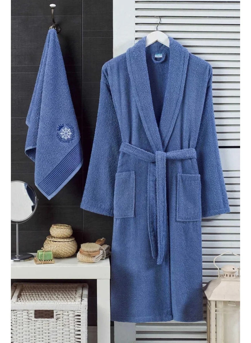 مبرا هوم Men's Towel Bathrobe Set Cotton Navy Blue