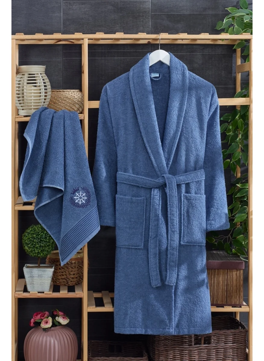 مبرا هوم Men's Towel Bathrobe Set Cotton Navy Blue