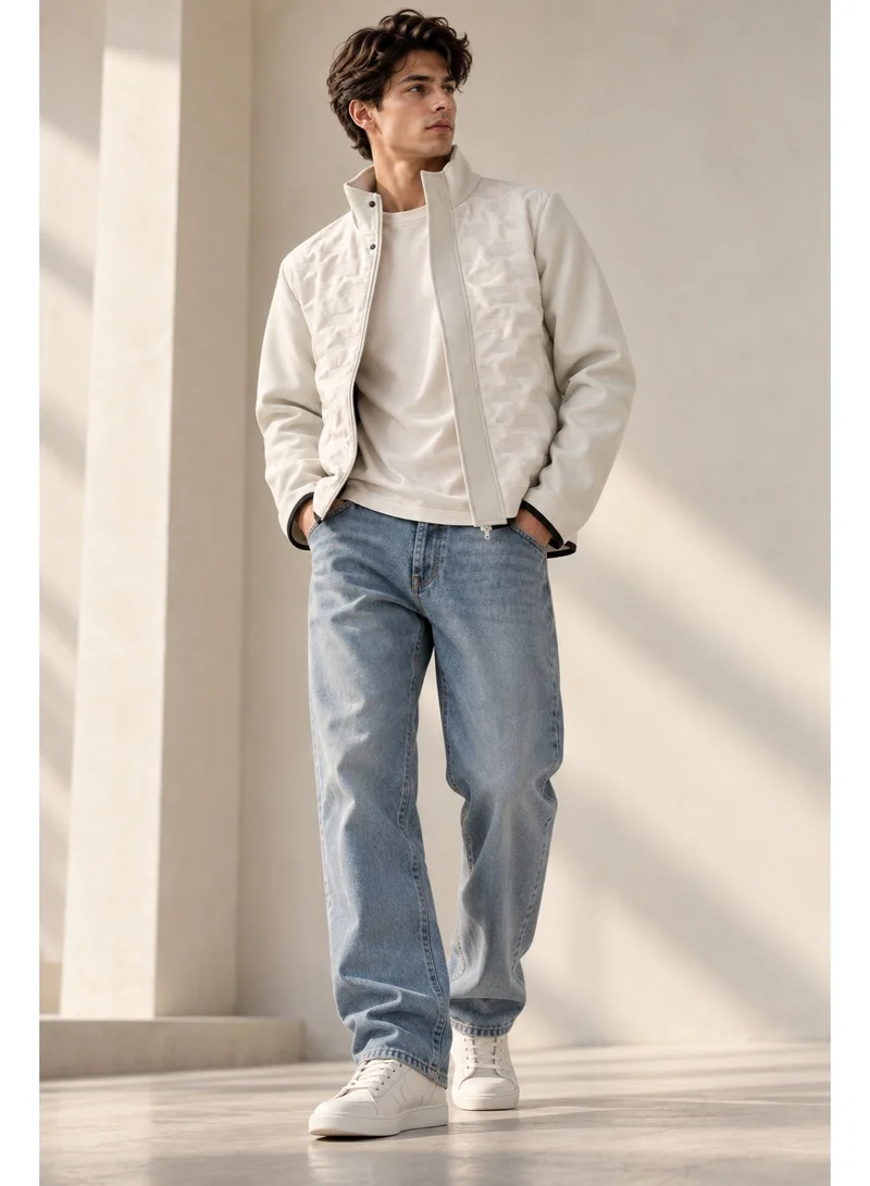 تي جي تي Men's Textured Zip-Up Jacket – Quilted Lining Stand Collar Coat