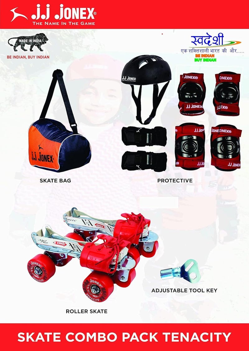Jonex JJ Kids Adjustable Skates Combo Set with Helmet, Knee & Elbow Pads, Gloves, Bag, Key, Black and Red Suitable for Age 11+ Large Size - Image 2