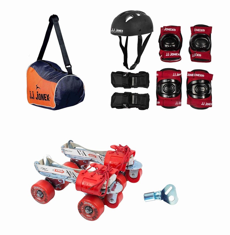 Jonex JJ Kids Adjustable Skates Combo Set with Helmet, Knee & Elbow Pads, Gloves, Bag, Key, Black and Red Suitable for Age 11+ Large Size - Image 1