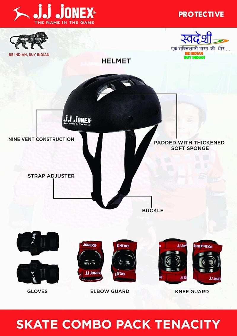Jonex JJ Kids Adjustable Skates Combo Set with Helmet, Knee & Elbow Pads, Gloves, Bag, Key, Black and Red Suitable for Age 11+ Large Size - Image 4