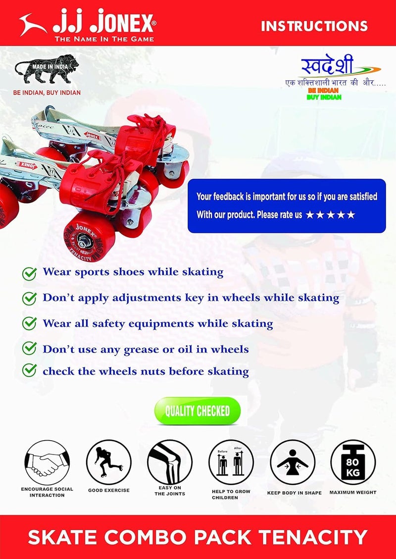 Jonex JJ Kids Adjustable Skates Combo Set with Helmet, Knee & Elbow Pads, Gloves, Bag, Key, Black and Red Suitable for Age 11+ Large Size - Image 5